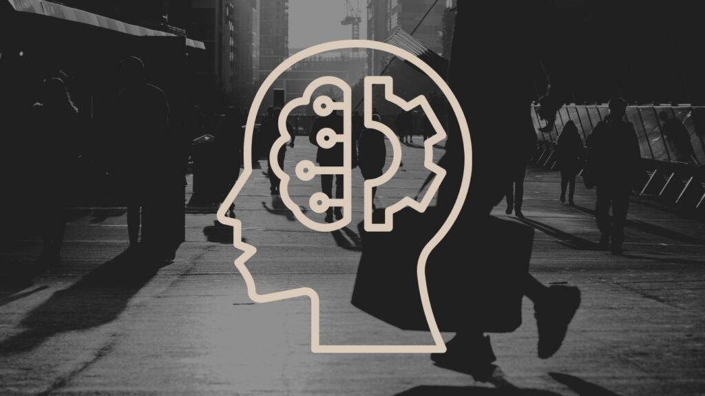 Žmogaus profilio ir dirbtinio intelekto schemos iliustracija, simbolizuojanti ISO 42001 standartą ir atsakingą AI naudojimą organizacijose.